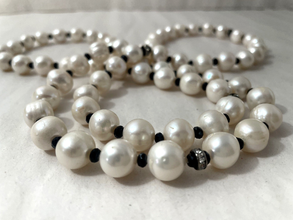 Long 36" Freshwater Pearl Necklace Black Spacer Beads Statement Strand 132g